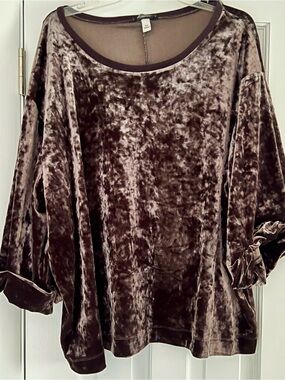 Velvet Long-Sleeve Scoop Neck Top - Brown